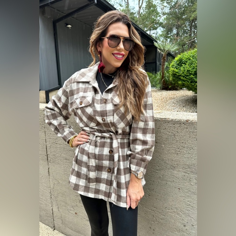 NWOT Plaid Belted Shacket - Brown and White